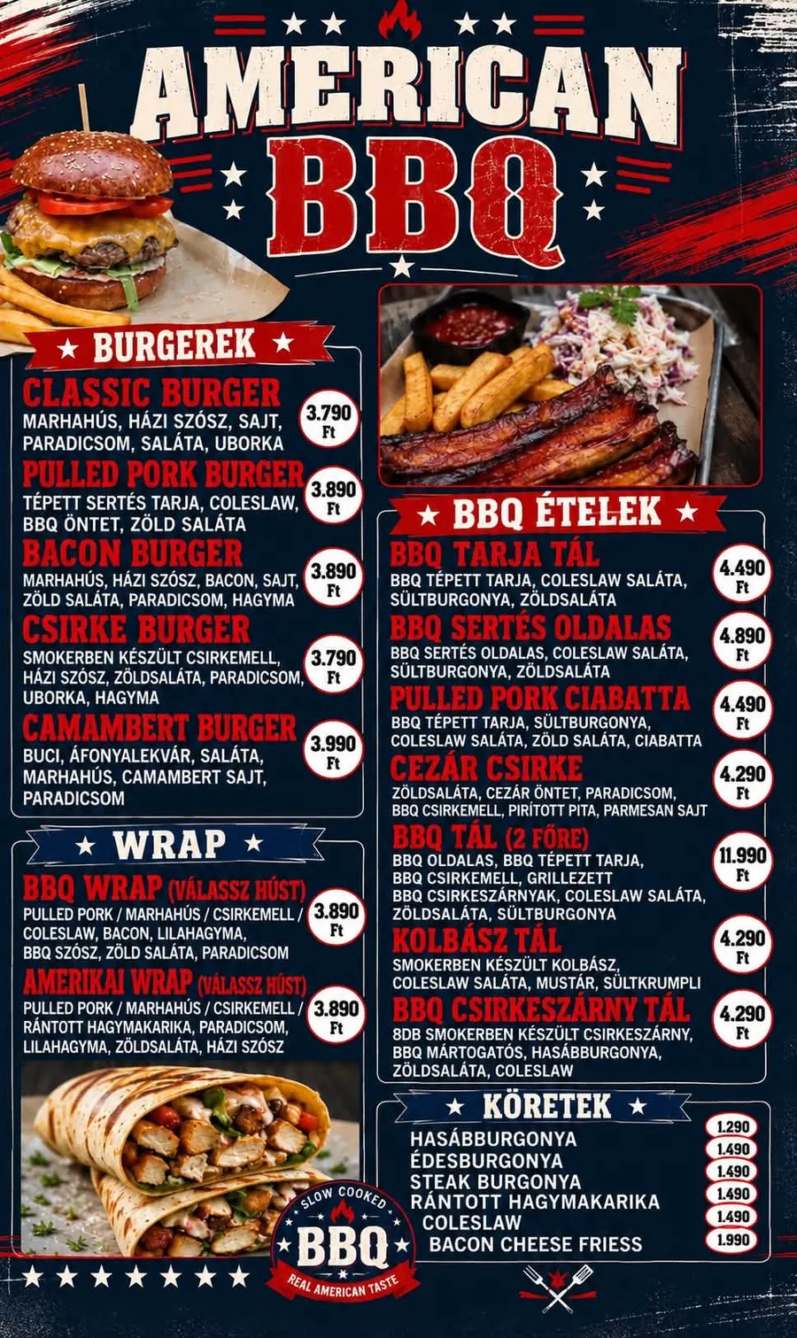 A YARD 51 American BBQ étlapja: burgerek, wrapek, BBQ ételek és köretek árakkal